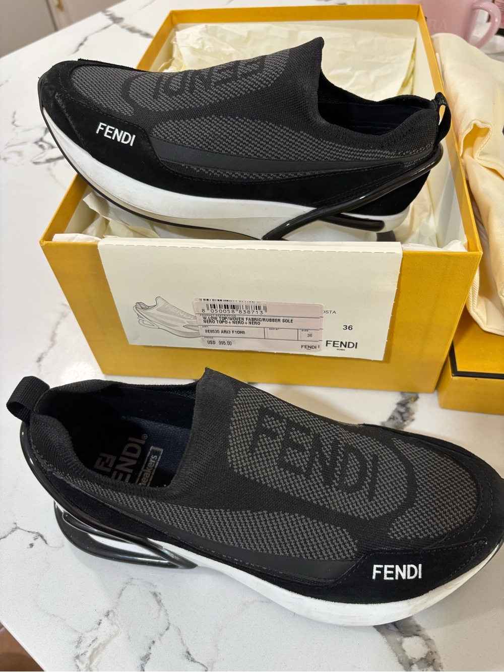 Fendi Black Knit Slip-On Sneakers with White Midsole